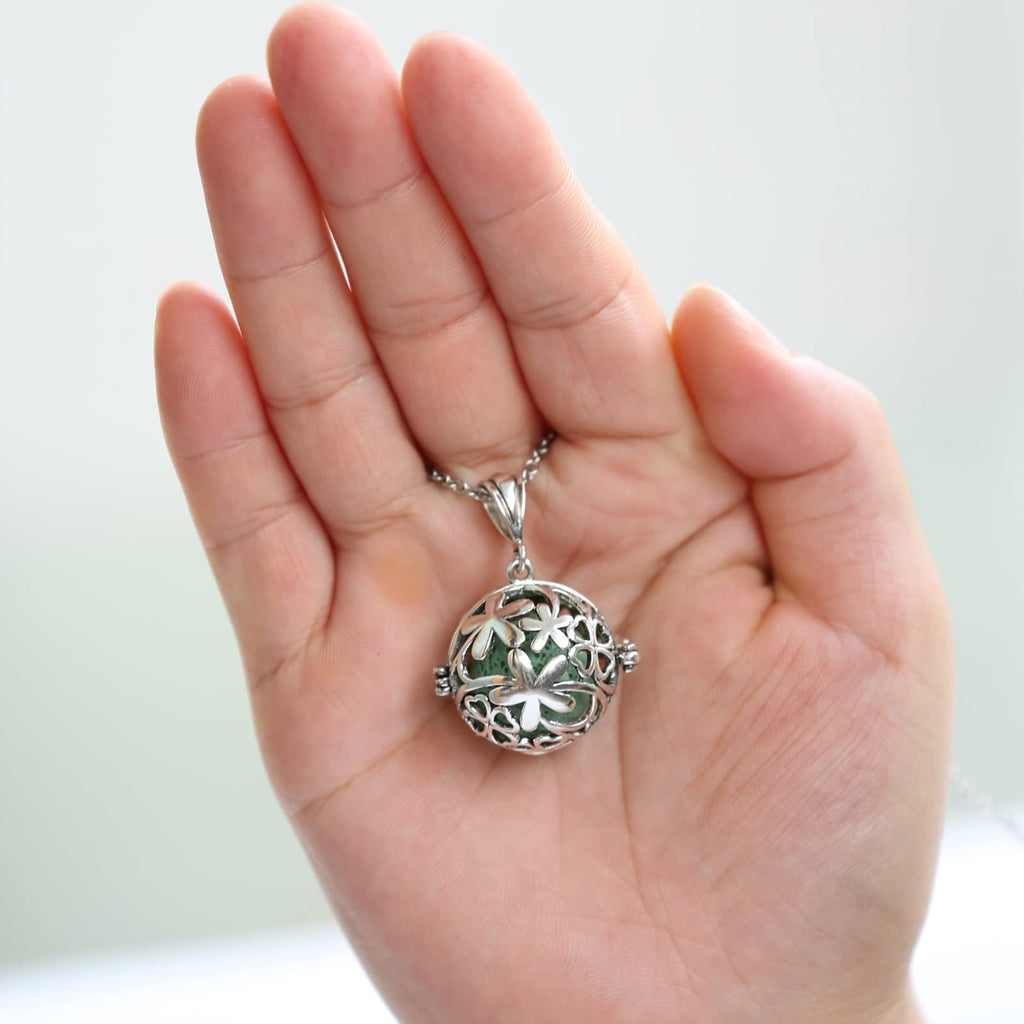 HEDQFM 2PCS Aromatherapy Essential Oil Diffuser Necklace Love Heart and Hollow Ball Locket Pendant Necklace with Lava Bead Stone
