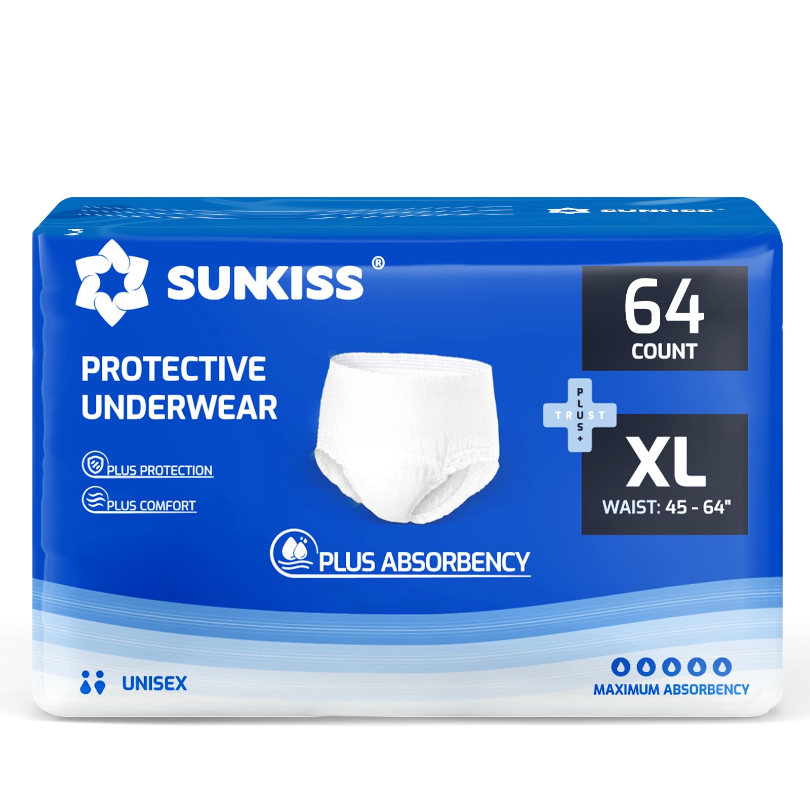 SUNKISS TrustPlus XLarge Unisex Incontinence Disposable Underwear, 64 Count, Quick Dry, Heavy Absorbency, Barrier Leak Protectio