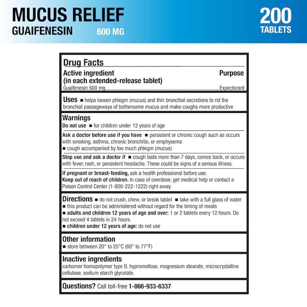 Puregen Labs Mucus Relief 12 Hour Extended Release Guaifenesin 600mg High Potency | Value Size 200 Count | Chest Congestion Expe