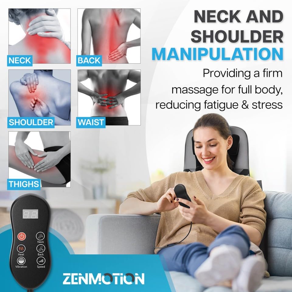 ZENMOTION Full Back Massager with Heat-Shiatsu Massage Chair Pad - 12-Point Shiatsu Back Massager for Chair with Height Adjustab