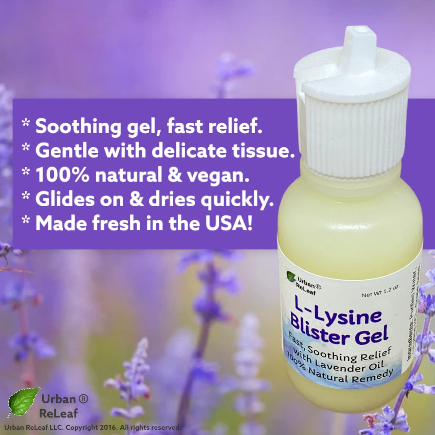 Urban ReLeaf L-Lysine Blister Soothing Gel ! & Lavender Oil. Fast Relief, Spots, Rash, Red Bumps, Raw, Chapped Skin. Calm Delica