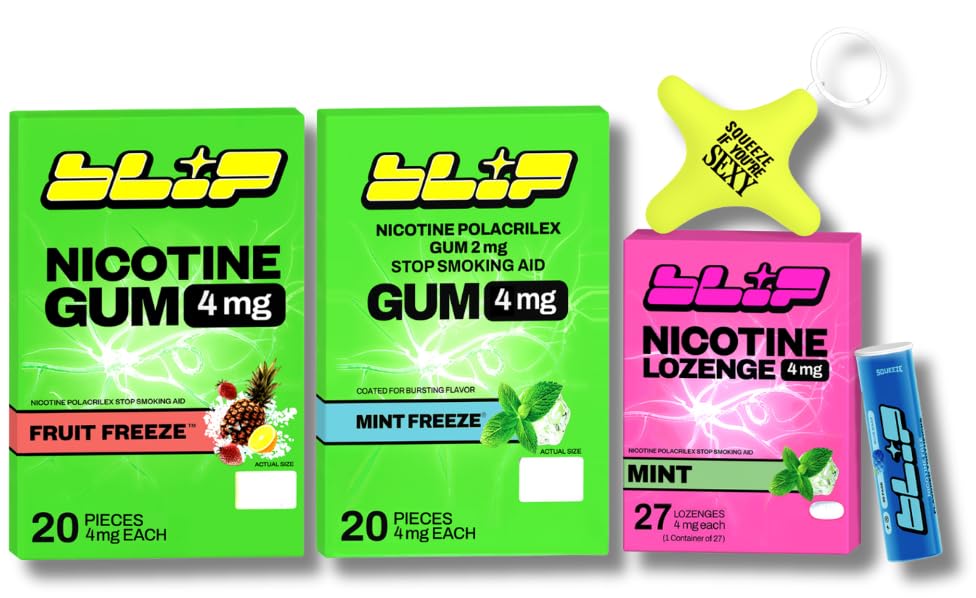 NRT Blip Quit Smoking Kit | Nicotine Gum (4mg, Fruity), Lozzies (4mg, Mint), Blue Raspberry Toothpicks & Stress Star Distraction