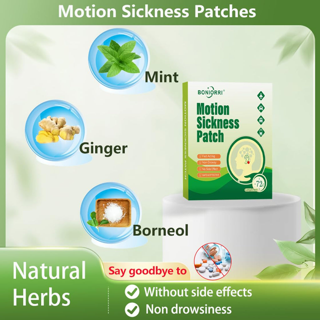 BONIORRI Motion Sickness Patches - Sea Sickness Patches for Cruise, Seasickness Patch Non Drowsy Behind Ear for Car, Sea, Air Si