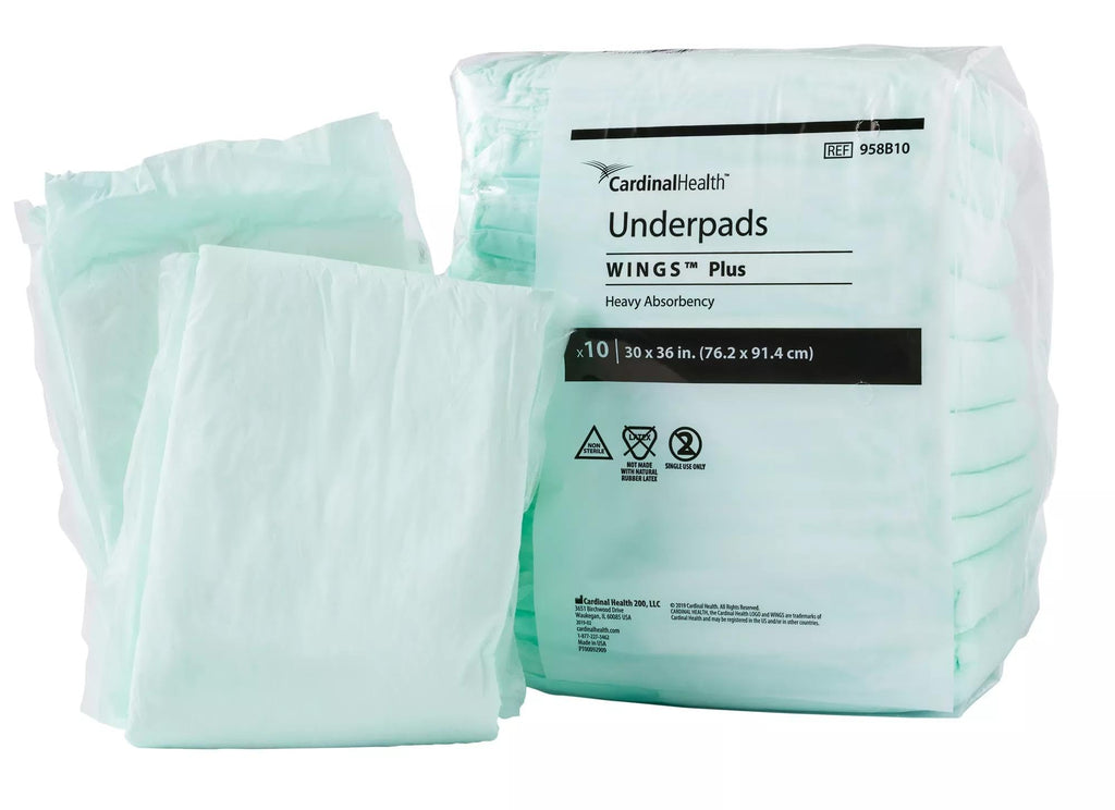 Cardinal Health Underpads, Wings Plus, Heavy Absorbency, Green, 30 x 36IN, Case of 50