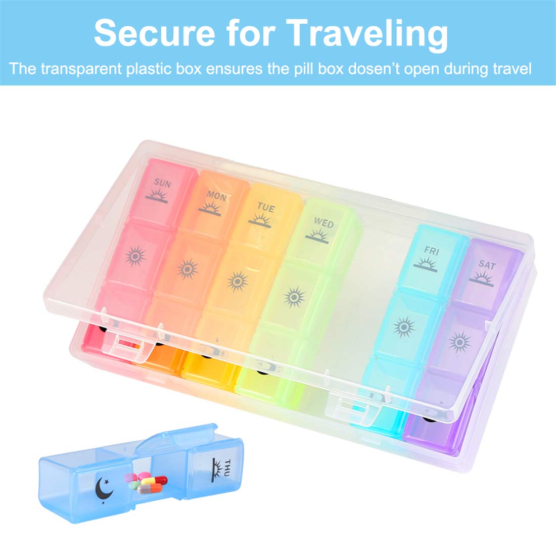 Weekly Pill Organizer,3-Times-A-Day 7 Day Pill Box Large Compartments Moisture-Proof Pill Case Medication Reminder Portable Trav