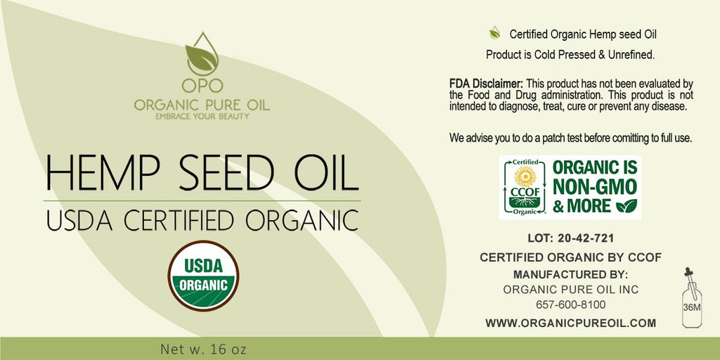 OPO Organic Hemp Seed Oil - 16 oz - USDA Certified Organic - Pure, Cold Pressed, Non-GMO, Extra Virgin, Vegan, Bulk Carrier Oil,