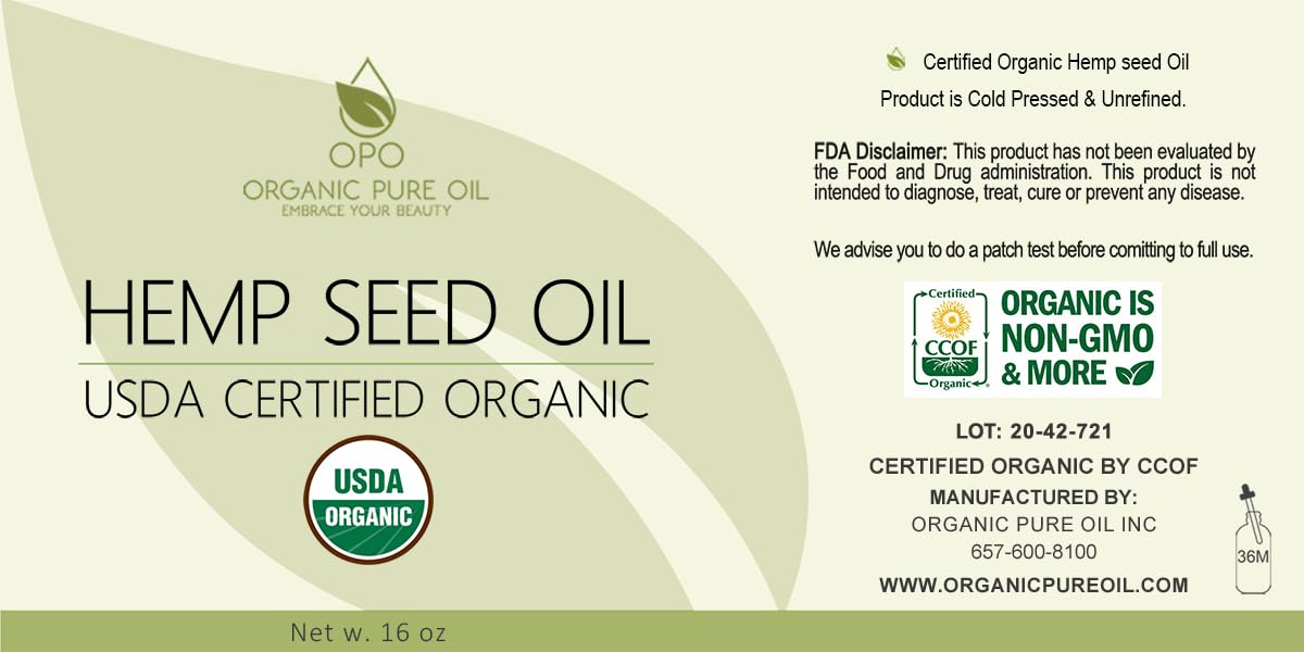 OPO Organic Hemp Seed Oil - 16 oz - USDA Certified Organic - Pure, Cold Pressed, Non-GMO, Extra Virgin, Vegan, Bulk Carrier Oil,
