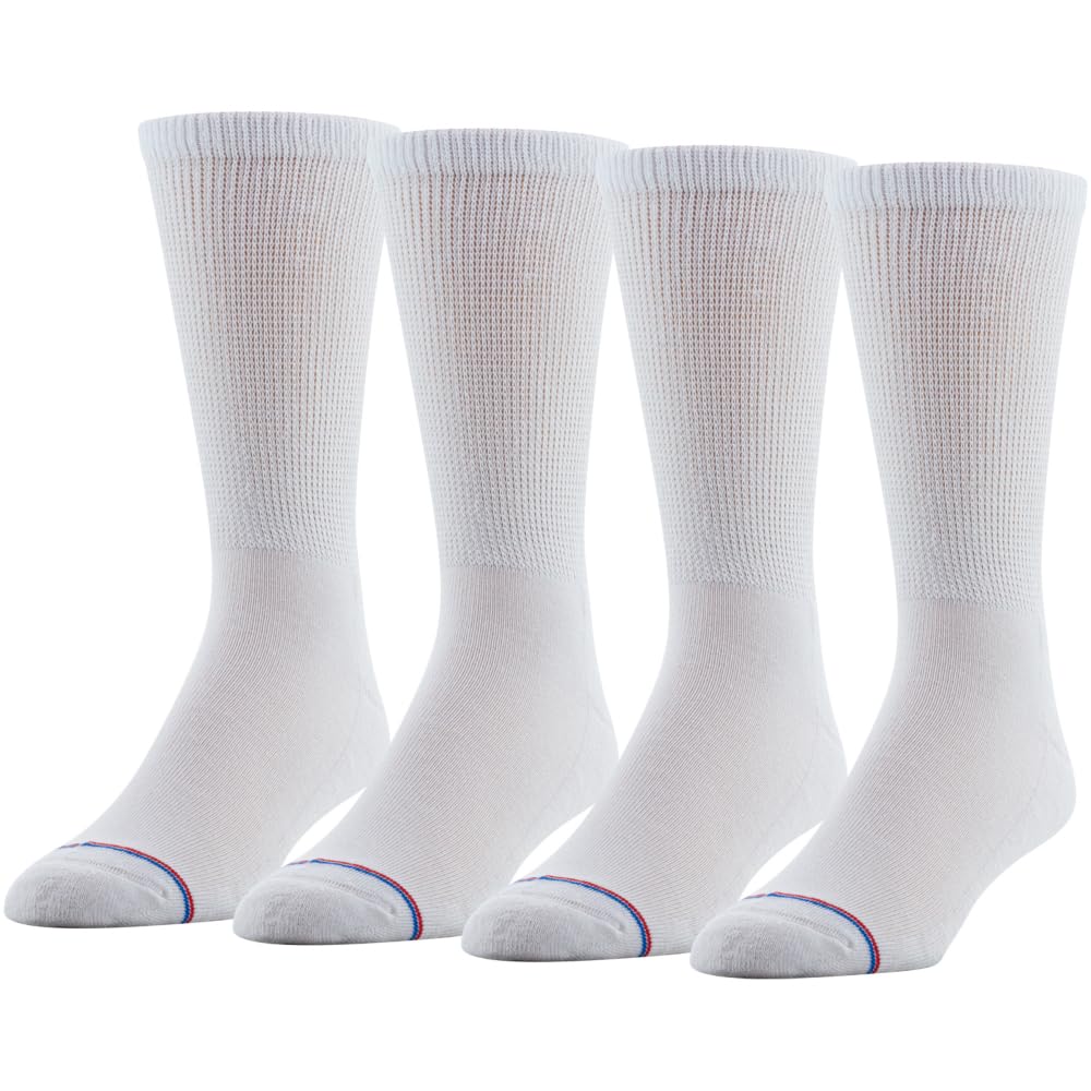 MediPeds unisex-adult Crew Socks With Extra Wide Non-Binding Top and Cushion, Multipairs, White (4-pairs), Shoe Size: Mens 7-12