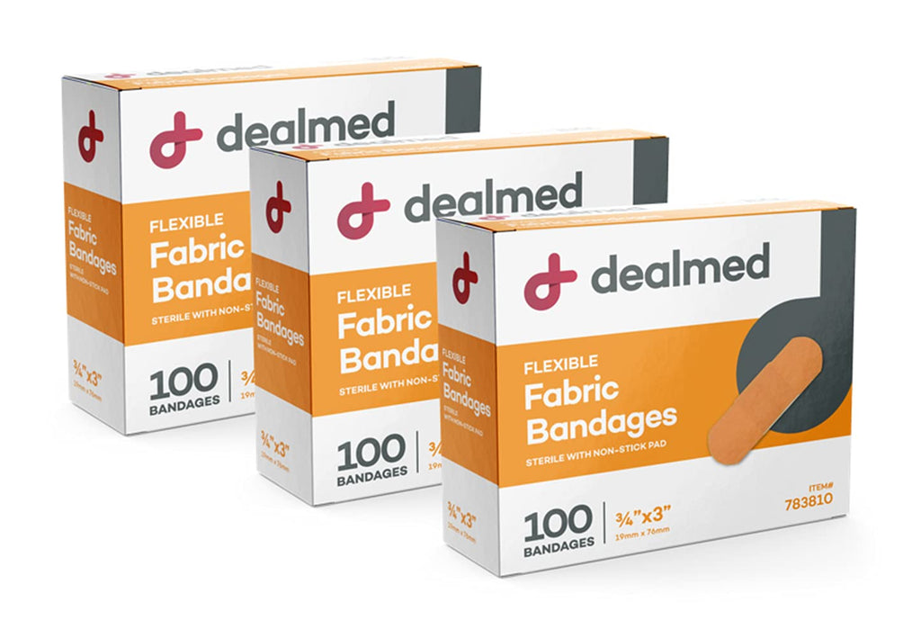 Dealmed Fabric Flexible Adhesive Bandages - 100 Count (3 Pack) Bandages with Non-Stick Pad, Latex Free, Wound Care for First Aid