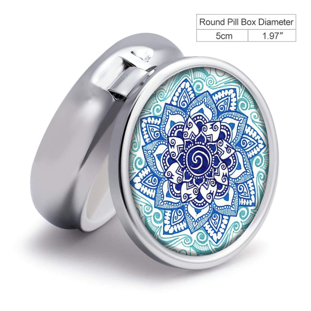 Blue Marble Pill Box Purse Pocket Small Round Silver Pill Case Decorative Box Metal Medicine Vitamin Pill Organizer Portable Uni