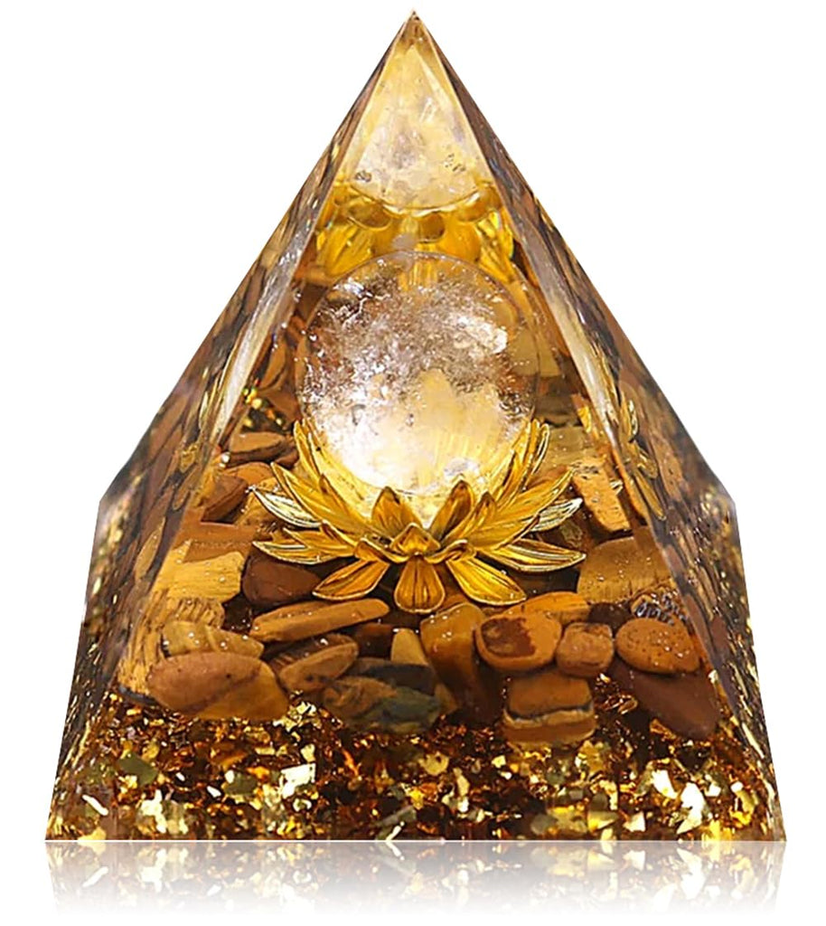 Orgone Pyramid Flower of Life Orgonite Money Healing Crystals Pyramid for Positive Energy with Tiger's Eye Stones and Luck White