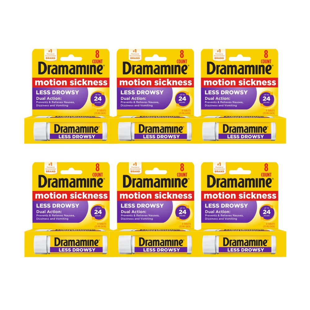 Dramamine All Day Less Drowsy Formula | Motion Sickness Relief | 8 Tablets | Pack of 6
