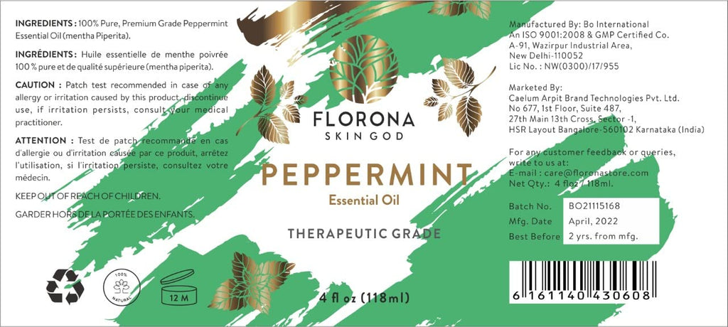 Florona Peppermint Essential Oil 100% Pure & Natural - 4 fl oz, Hair & Skin Care, Diffuser Aromatherapy, Soap Making, Candle Mak