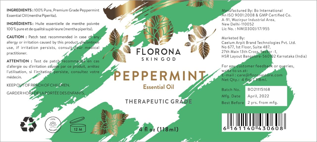 Florona Peppermint Essential Oil 100% Pure & Natural - 4 fl oz, Hair & Skin Care, Diffuser Aromatherapy, Soap Making, Candle Mak