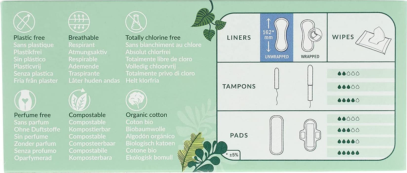 Panty Liners, Cotton, 22 ct, 5 Boxes (110 Liners Total)