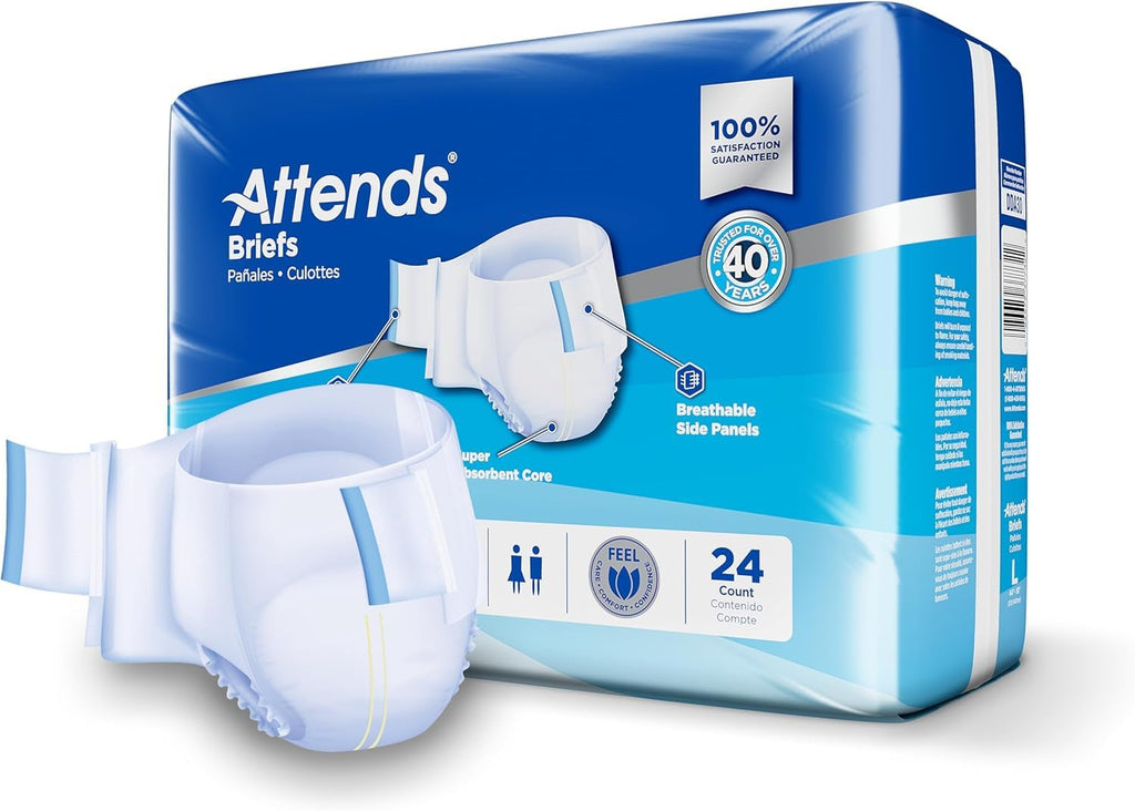 Attends Classic Briefs with Dry-Lock Technology for Adult Incontinence Care, Large, Unisex, 24 Count (Pack of 3)