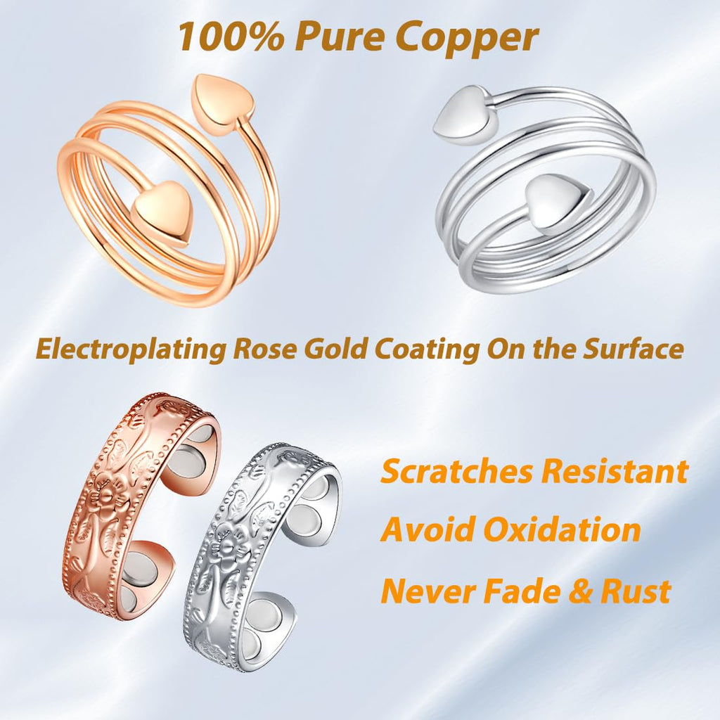 Vicmag Copper Magnetic Ring for Women, Magnetic Rings Ladies Fingers Thumb 100% Solid Pure Copper Jewelry Gift Adjustable(4PCS F