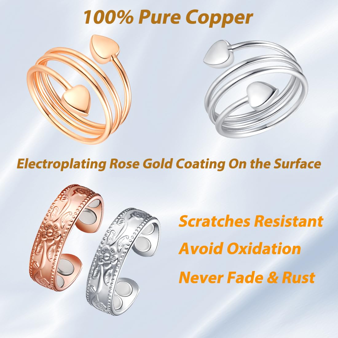 Vicmag Copper Magnetic Ring for Women, Magnetic Rings Ladies Fingers Thumb 100% Solid Pure Copper Jewelry Gift Adjustable(4PCS F