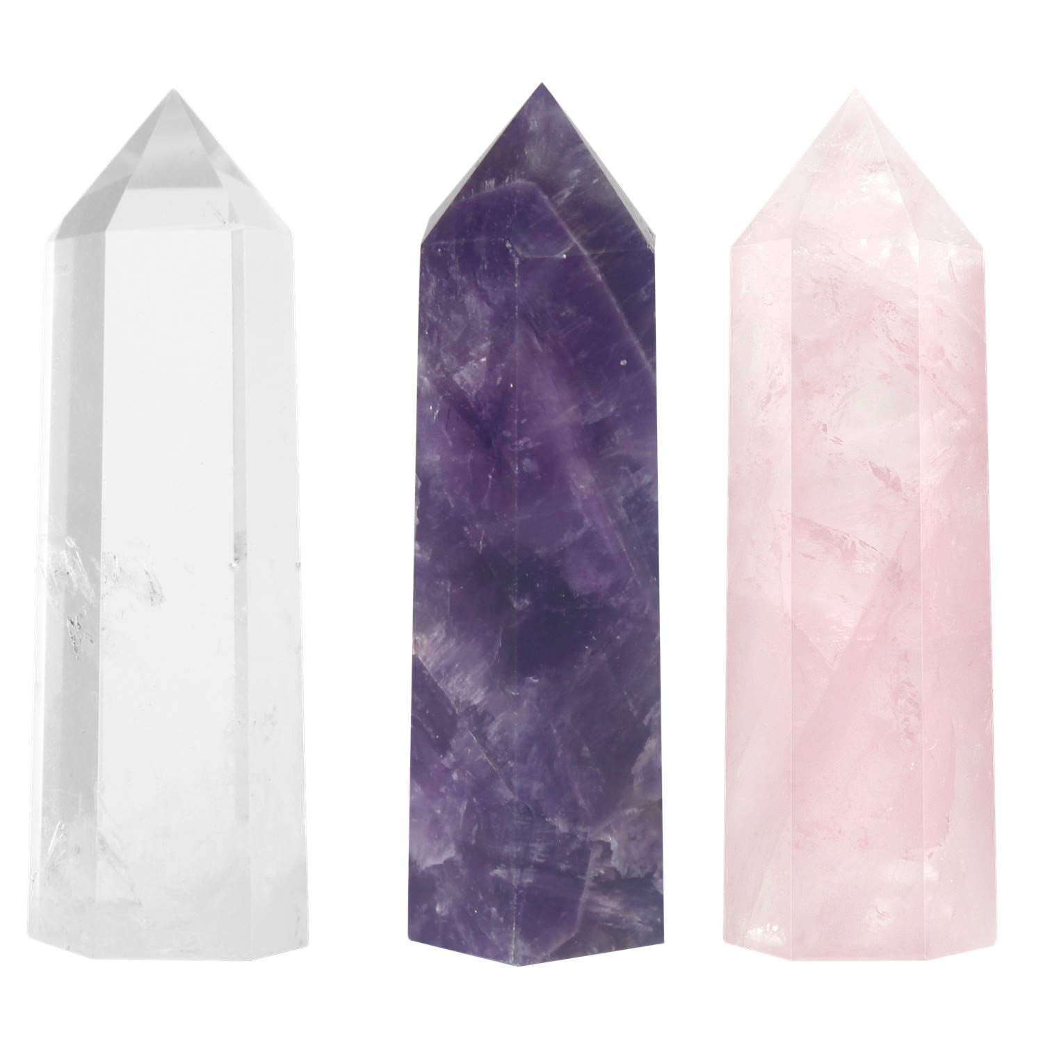 Luckeeper Healing Crystal Wands  2 Amethyst Crystal, Clear Quartz Crystal Wand & Rose Quartz Crystal Points 6 Faceted Reiki Chak