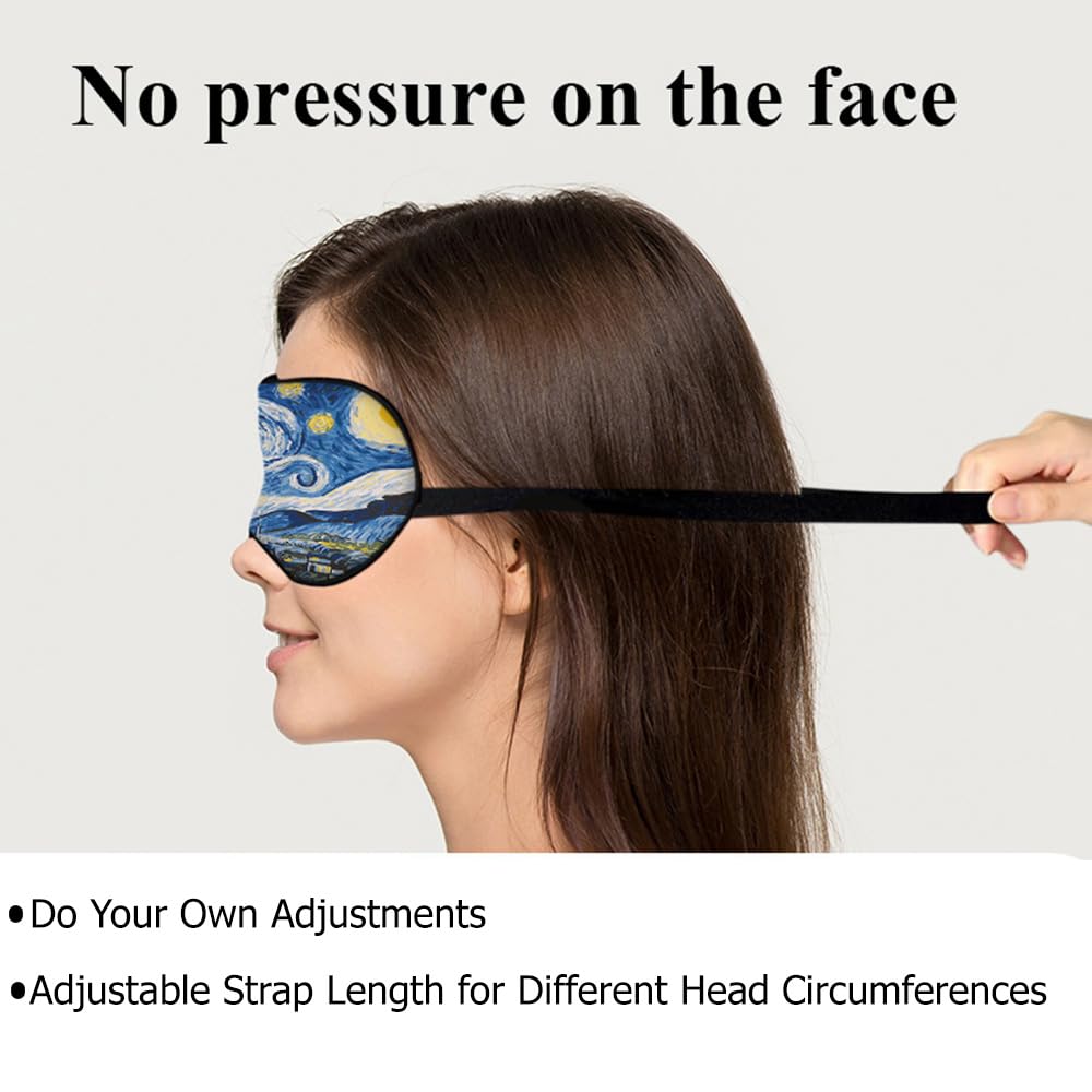 NOHSHE Starry Sky Sleep Eye Mask Eye Cover Van Gogh Night Sky Moon Tree Village Silk Eye Mask for Sleeping with Adjustable Strap