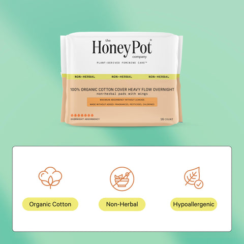 The Honey Pot Company - 64ct - Pads for Women - Non-Herbal Heavy Overnight Pads w/Wings - Organic Cotton Cover, & Ultra-Absorben