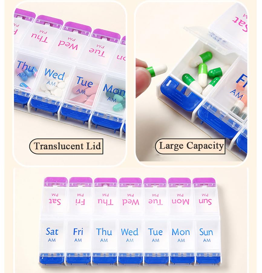 Wopanxye Daily Pill Case Organizer, 7-Day Weekly Medicine Planner Organizer, AM PM, Large Tray 14-Compartment Meds Box Container