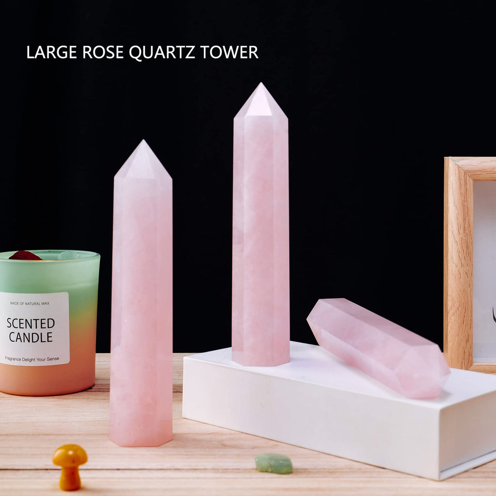Apengshi Large Rose Quartz Natural Healing Crystal Tower 5.9-6.3 6 Faceted Single Point Love Energy Charger Crystal Wand Stone M