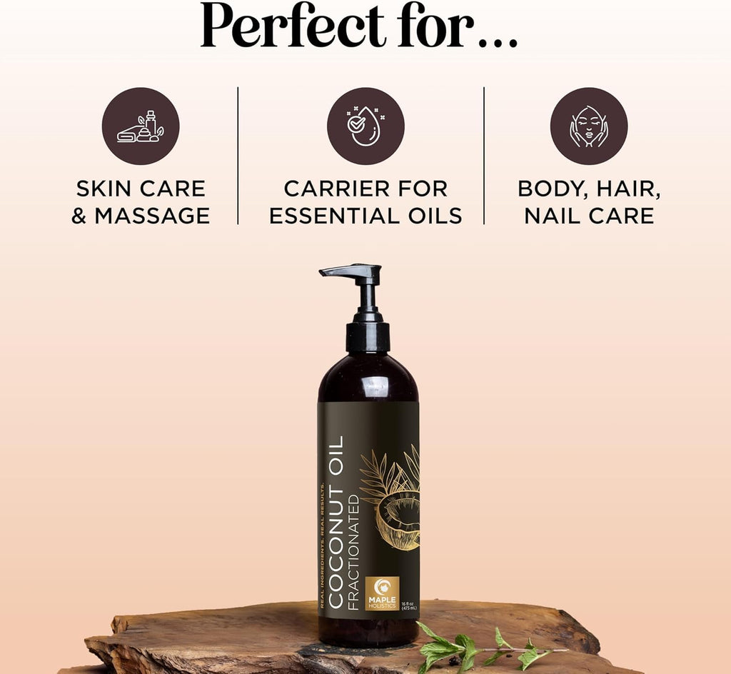 Maple Holistics Pure Fractionated Coconut Oil - 16 Fl Oz Liquid Moisturizer for Hair, Skin, Nails, Essential Oil Mixing, and Mas