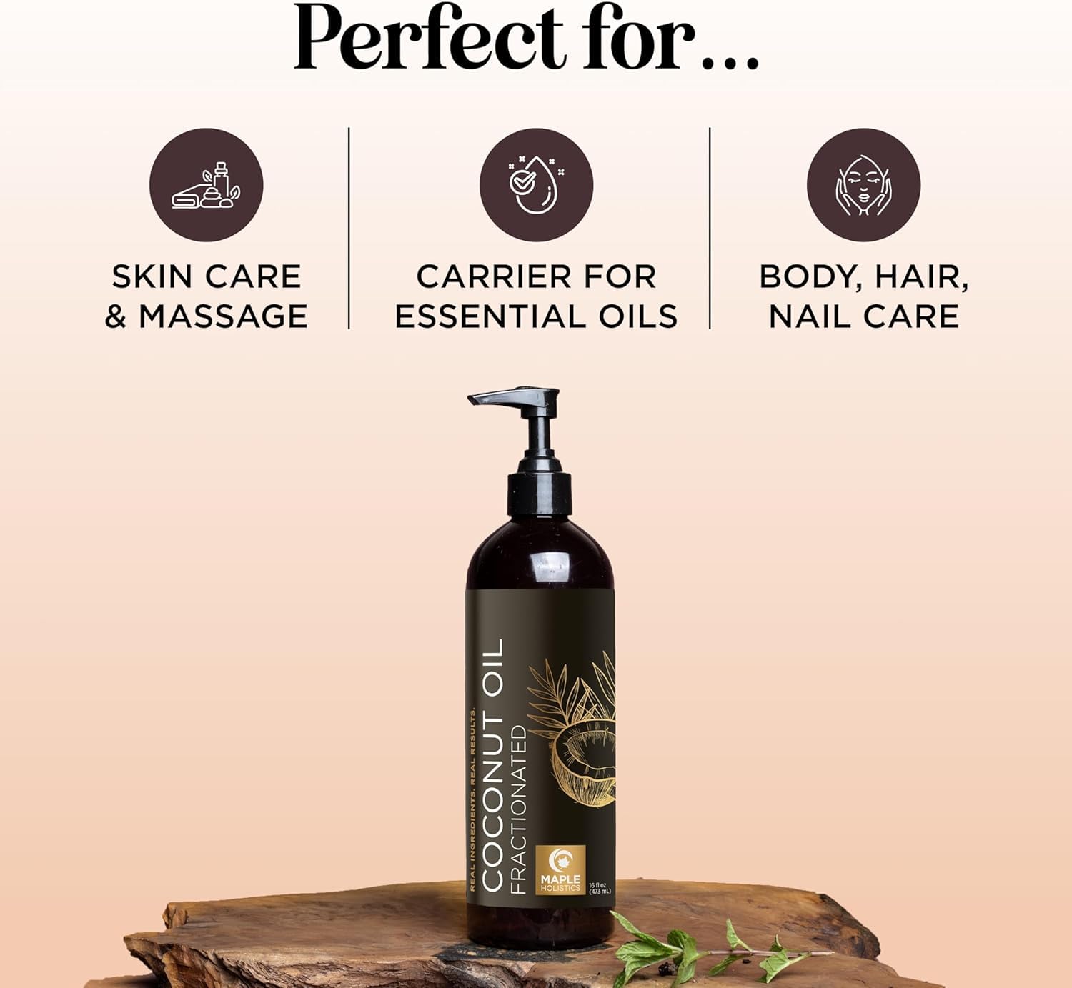 Maple Holistics Pure Fractionated Coconut Oil - 16 Fl Oz Liquid Moisturizer for Hair, Skin, Nails, Essential Oil Mixing, and Mas