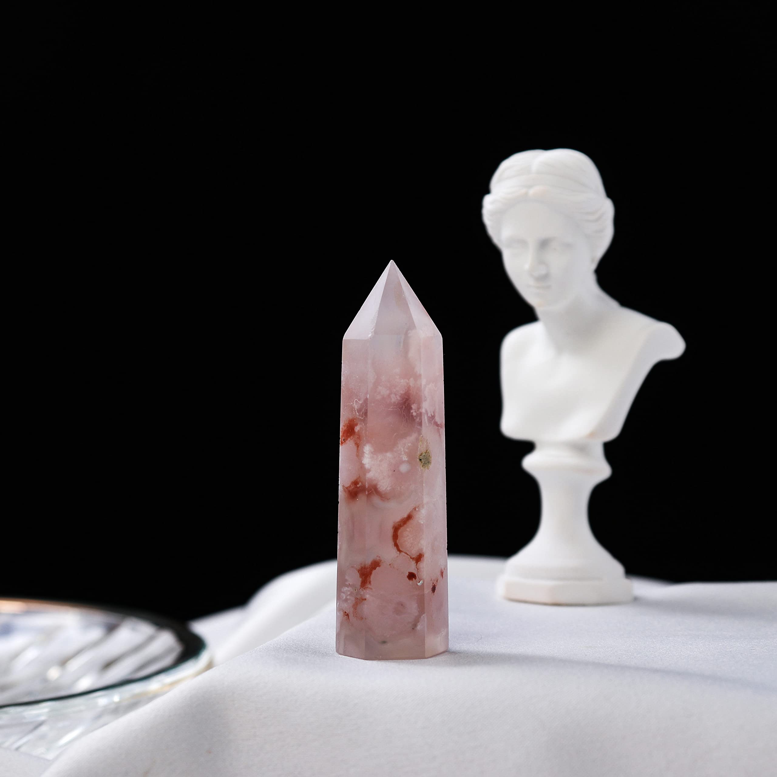 Runyangshi Natural Healing Crystals Cherry Blossom Agate Wands 2-2.4 Cherry Agate Single Point Healing Crystal Tower 6 Faceted R