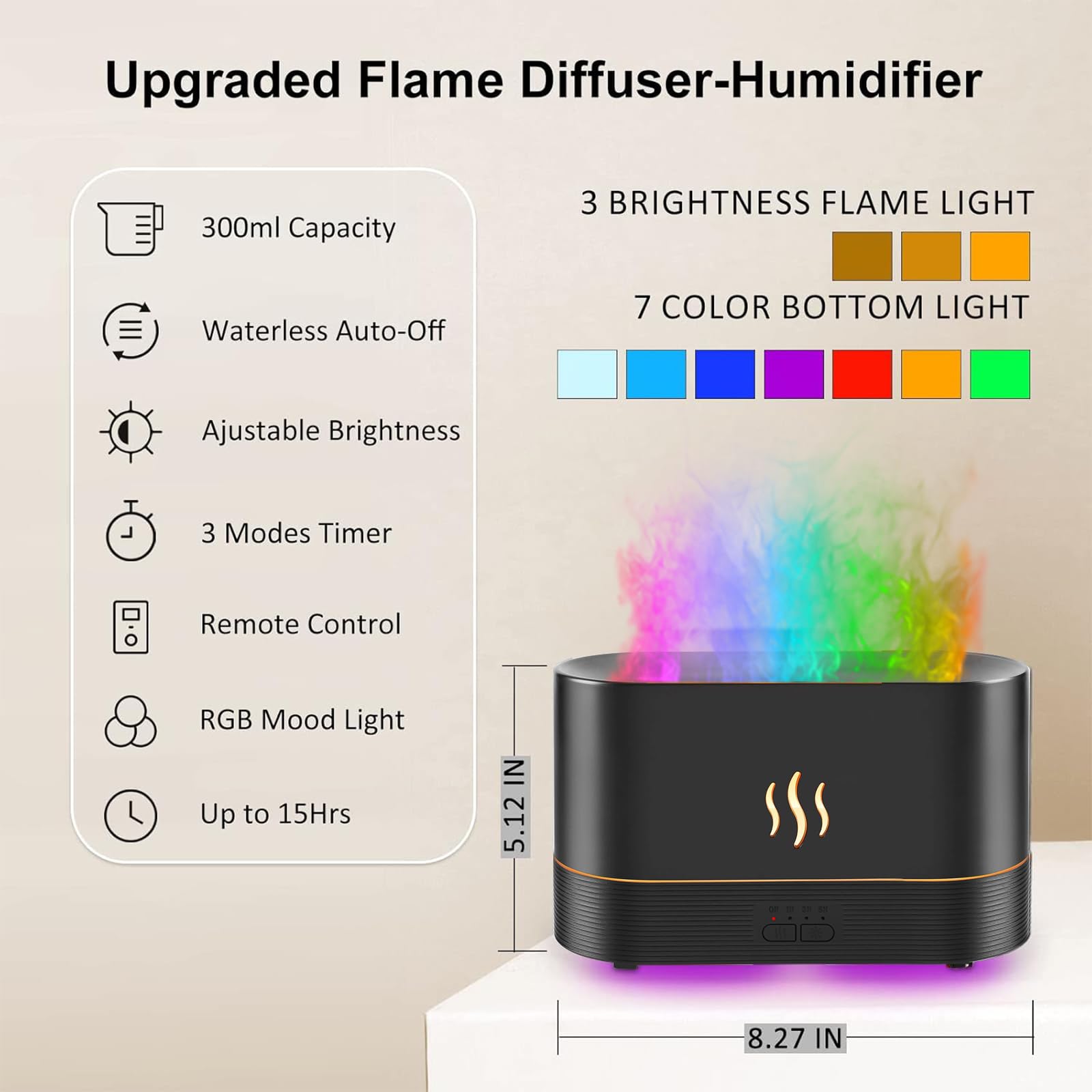 PLUWEL Colorful Flame Diffusers for Essential Oils Large Room-Upgraded 300ML Aroma Diffuser Humidifier Quiet Diffuser with Remot