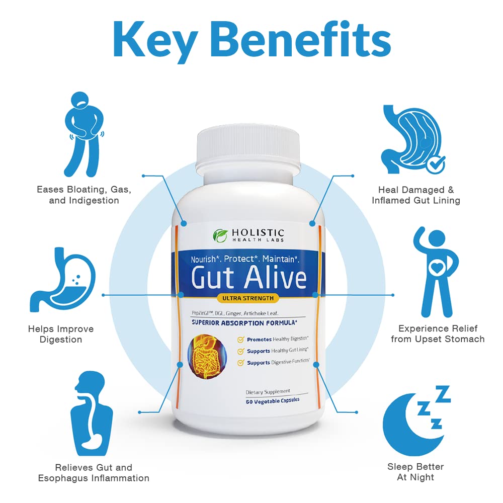Gut Alive For Restoring Gut Lining - All Natural Support to Fight Leaky Gut, IBS, Heartburn, Acid Indigestion, Acid Reflux, Bloa