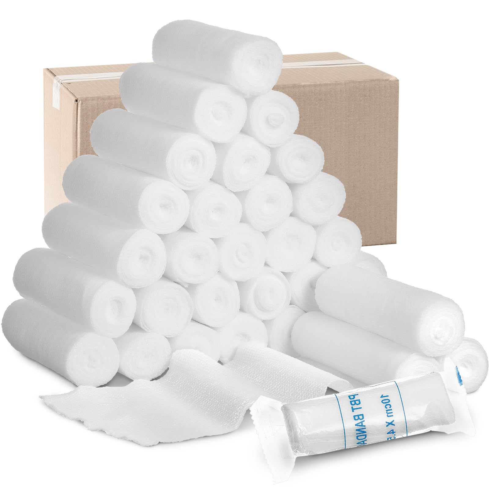 Treela 100 Rolls Gauze Bandage, 2 in x 5 Yards, Elastic Bandages Individual Packaging Sterile Non Latex First Aid Pads Medical B