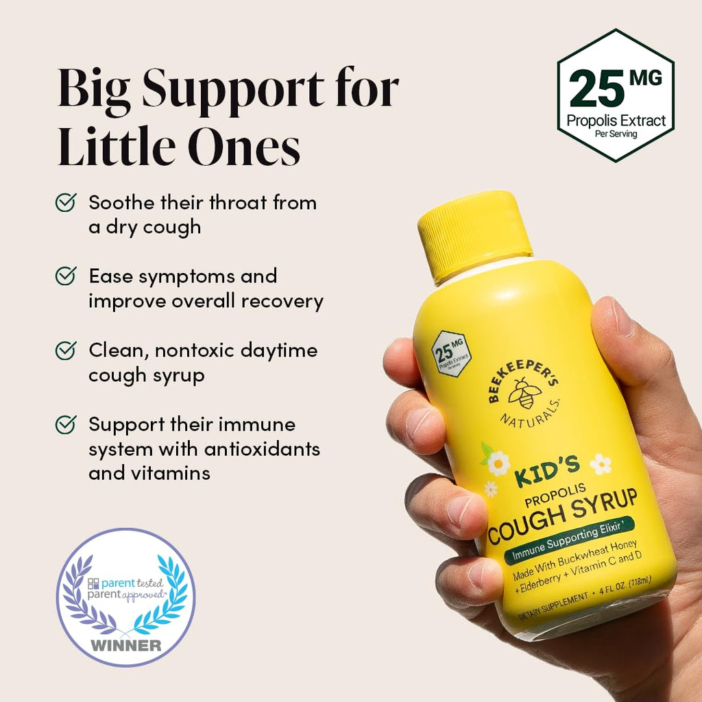 Beekeepers Naturals Propolis Honey Cough Syrup Daytime for Kids Immune Support with Elderberry, Vitamin C, Vitamin D & Raw Hone