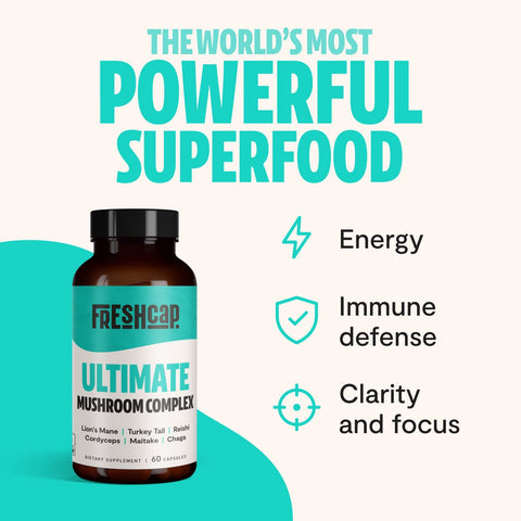 FreshCap Ultimate Mushroom Complex - Ayurveda Lions Mane, Reishi, Cordyceps, Chaga, Turkey Tail, Maitake - Immune Support, Nootr