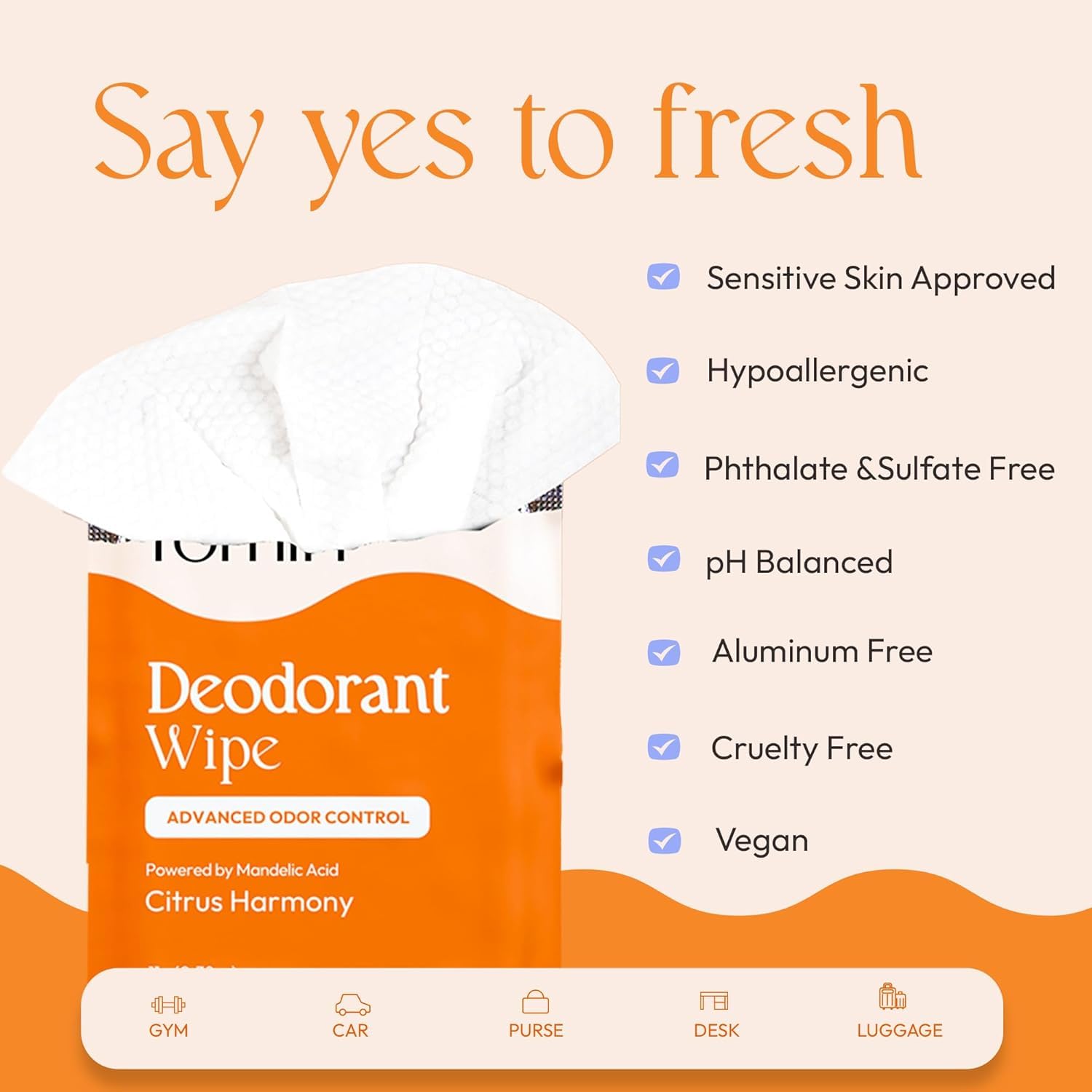 FOMIN Acidified Travel Deodorant Wipes For Women & Men - 50 Count - Citrus Harmony - pH Balanced, Mini Deodorant Travel Size Wip
