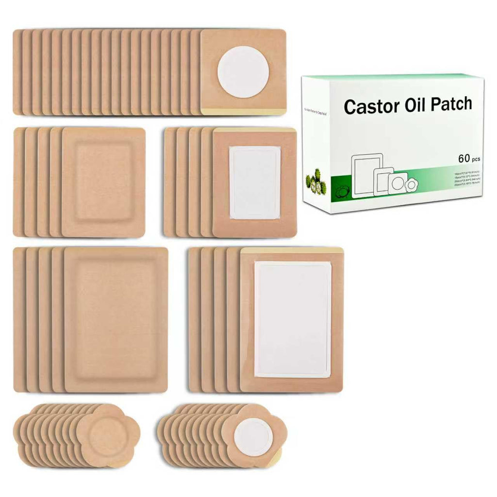 60 Pcs Castor Oil Pack Wrap & Patches 4 Sizes Disposable Self-Adhesive Organic Cotton Pads for Belly Button, Stomach, Joints, Un