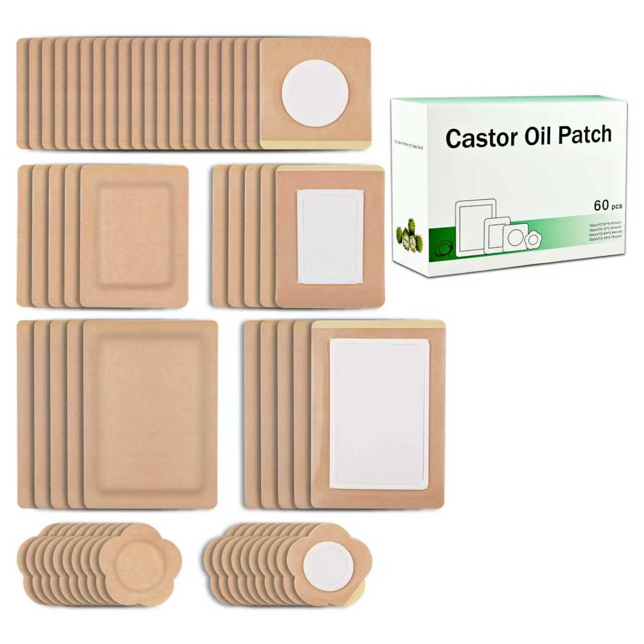 60 Pcs Castor Oil Pack Wrap & Patches 4 Sizes Disposable Self-Adhesive Organic Cotton Pads for Belly Button, Stomach, Joints, Un