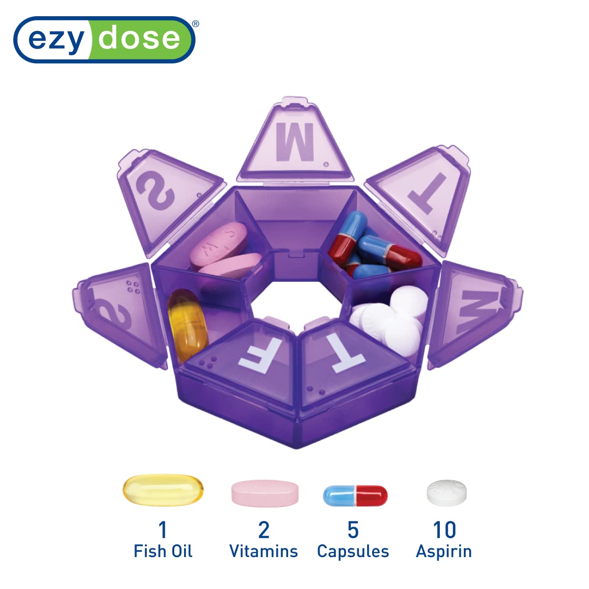 EZY DOSE Weekly Pill Organizer, Medicine Box, and Vitamin Planner, Travel Pill Planner, Portable Storage, 7-Sided, Purple, BPA F