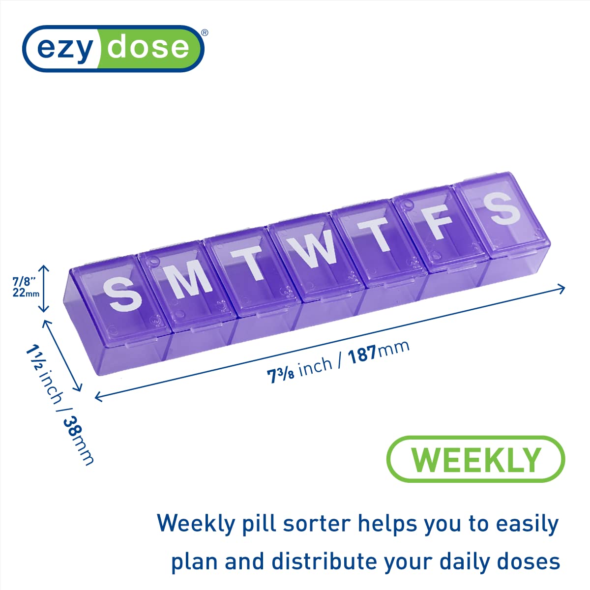 EZY DOSE Weekly (7-Day) Pill Case, Medicine Planner, Vitamin Organizer Box, Convenient and Easy to Use, X-Large Compartments, Tr