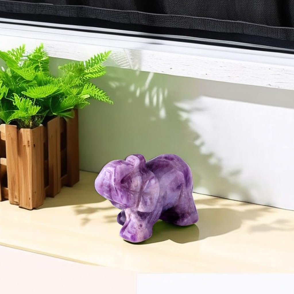 QINJIEJIE Amethyst Elephant Decor Statue Crystals Decor Healing Stones Crystal Purple Pocket Figurines Cute Hand Carved Sculptur