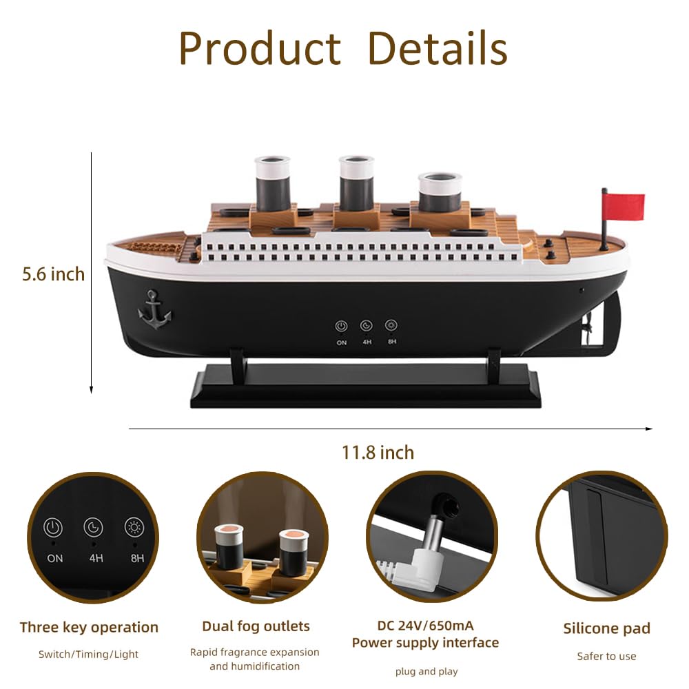 Essential Oil Diffuser, 250ml Ship Modelling Aromatherapy Ship Oil Diffuser Cool Mist Humidifier with Remote Control, Remote 2 S