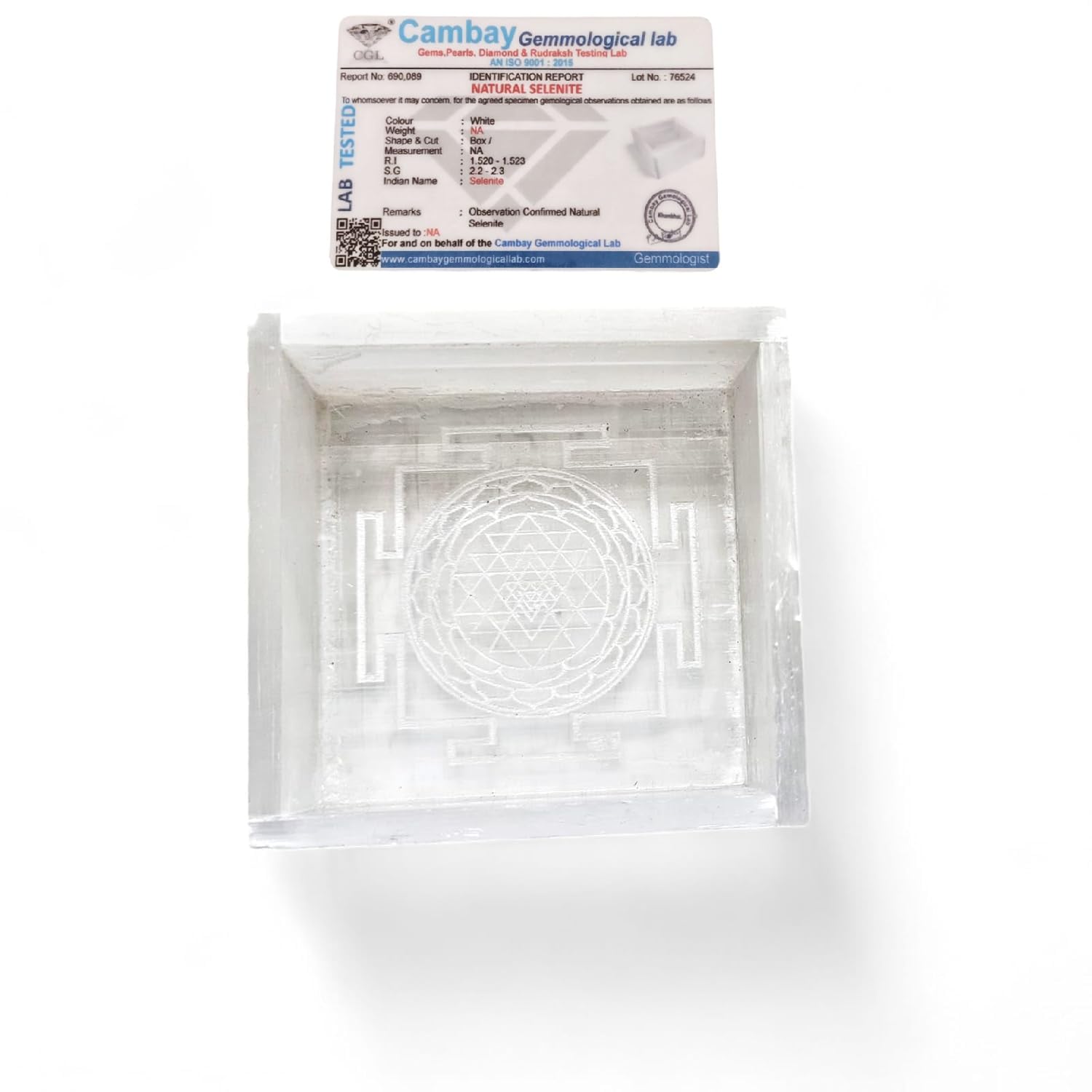 Gemtub Natural Selenite Charging Box With Handcarved Shree Yantra | Certified Crystal Charger For Crystal Bracelets, Jewelry & H
