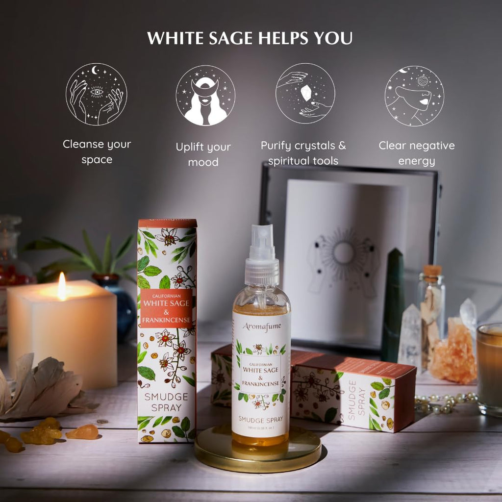 White Sage & Frankincense Smudge Spray by Aromafume | 100ml/3.3 oz | Sage Spray for Cleansing Negative Energy & Protection | Non