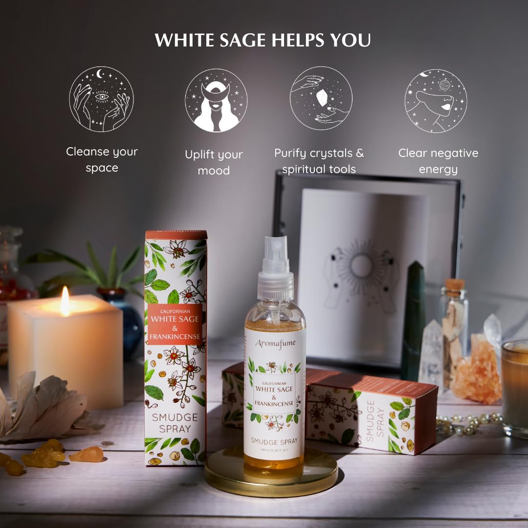 White Sage & Frankincense Smudge Spray by Aromafume | 100ml/3.3 oz | Sage Spray for Cleansing Negative Energy & Protection | Non