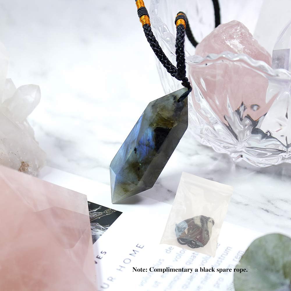 Runyangshi Labradorite Healing Crystal Pendants, Double Pointed Natural Crystal Quartz Necklace 6 Faceted Chakra Crystal Wand St