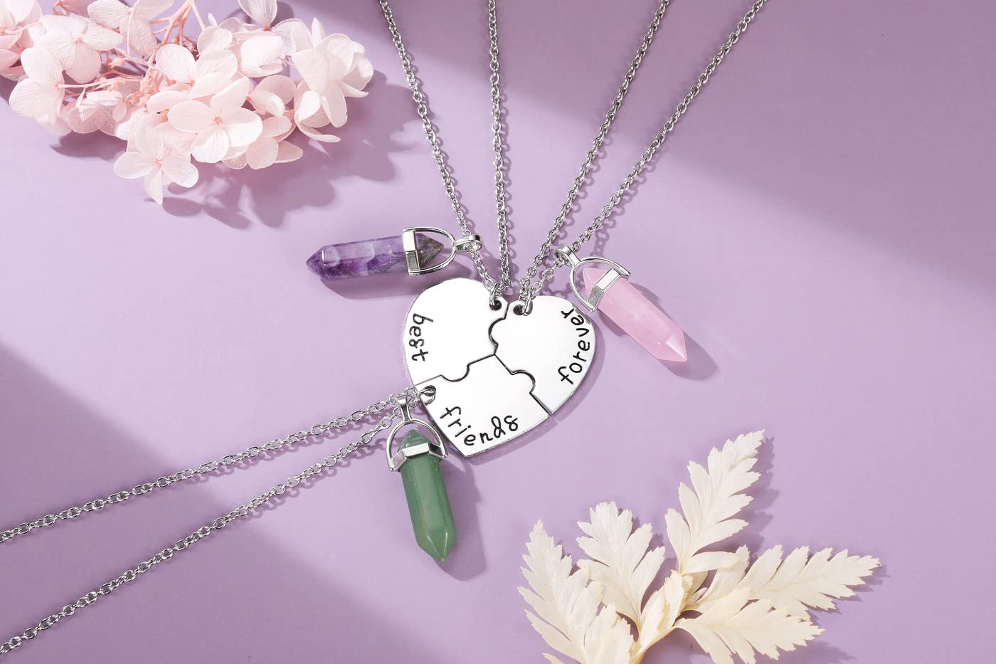 PESOENTH BFF Best Friend Necklace for 3- Healing Crystal Friendship Necklaces BFF Gifts Women Matching Heart Best Friends Foreve