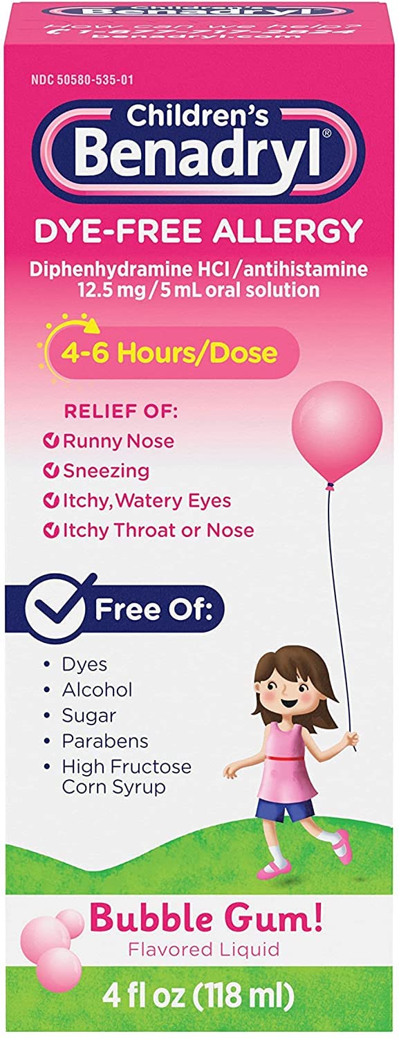Benadryl Children s Dye-Free Allergy Liquid Bubble Gum Flavored - 4 oz, Pack of 4