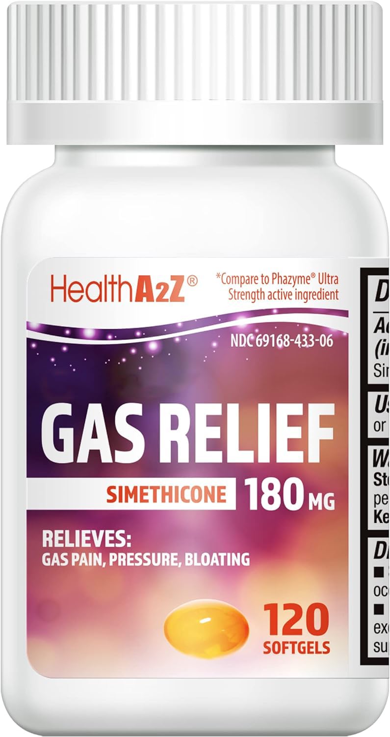 HealthA2Z Gas Relief Simethicone | 180 MG | Relieves from Stomach Discomfort and Gas | Anti Flatulence | Relieves Gas Fast (120 