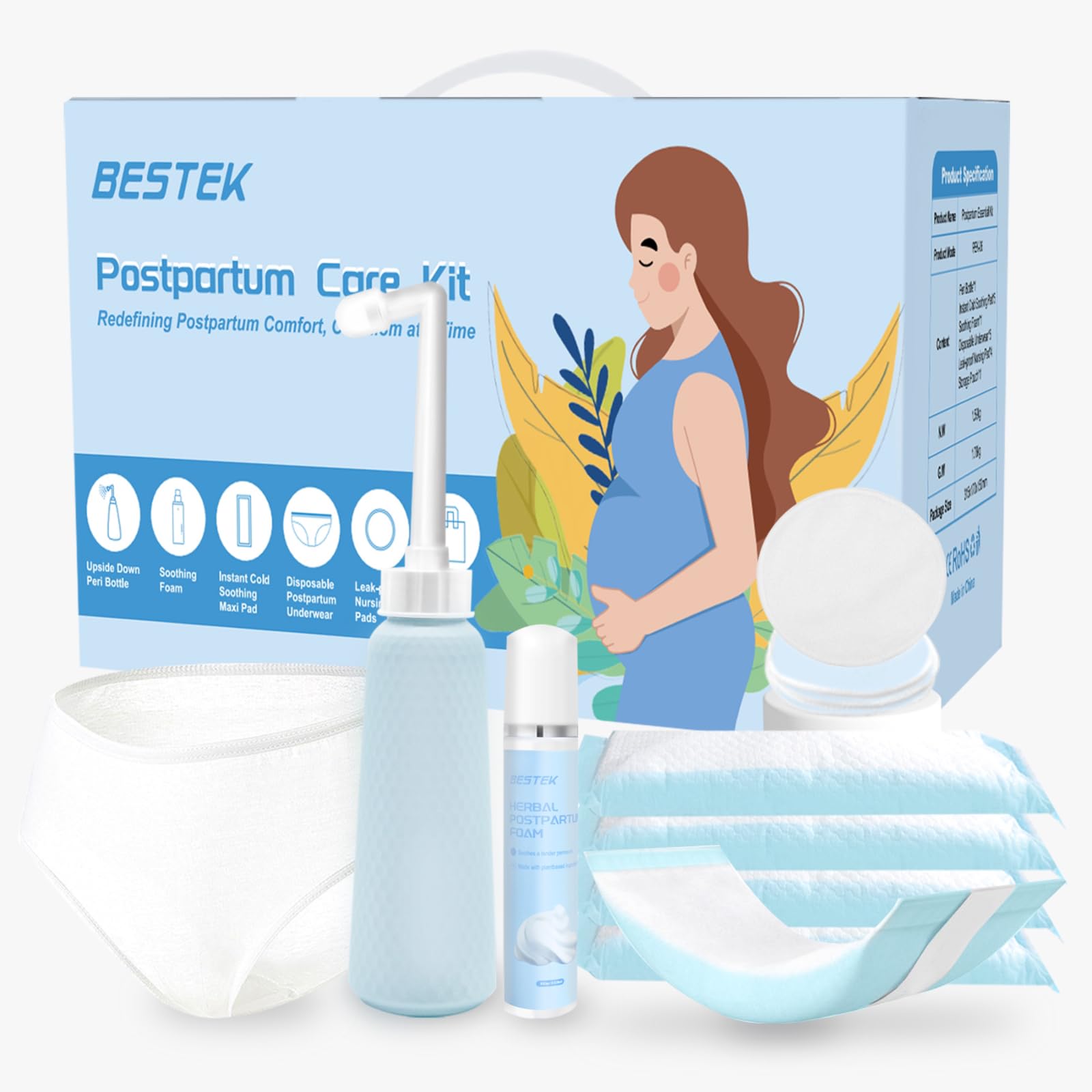 Postpartum Recovery Essentials Kit - Labor Delivery Mom Care Kit - Disposable Postpartum Underwear, Peri Bottle, Postpartum Ice 